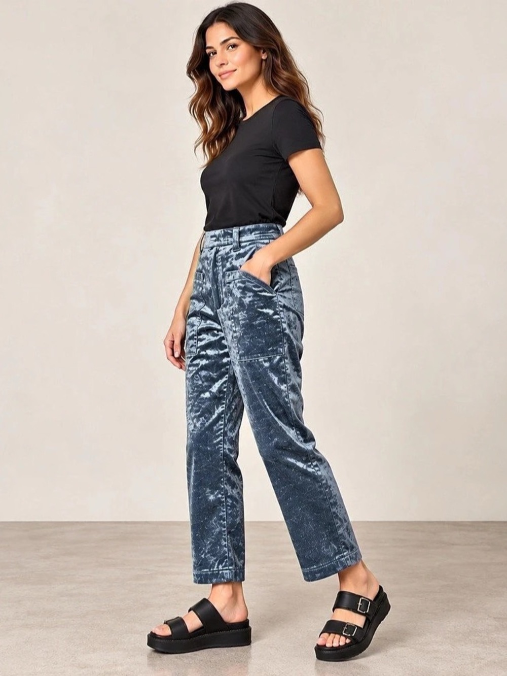 Brunello Cucinelli Crushed Velvet Utility Pocket Cropped Pants Dusty Blue Size 3